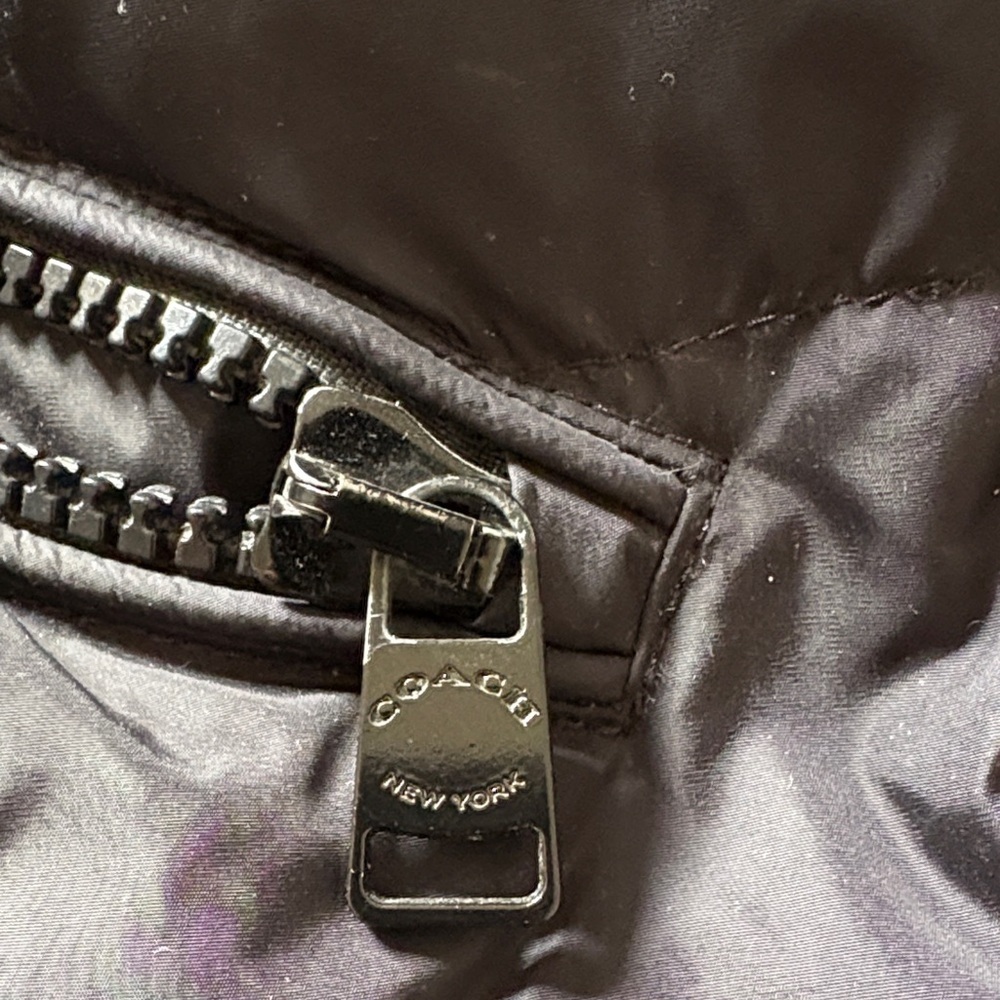 EUC Women's Black Puffer Down Coat trimmed removable hood Waist Defined by Coach - Picture 3 of 15